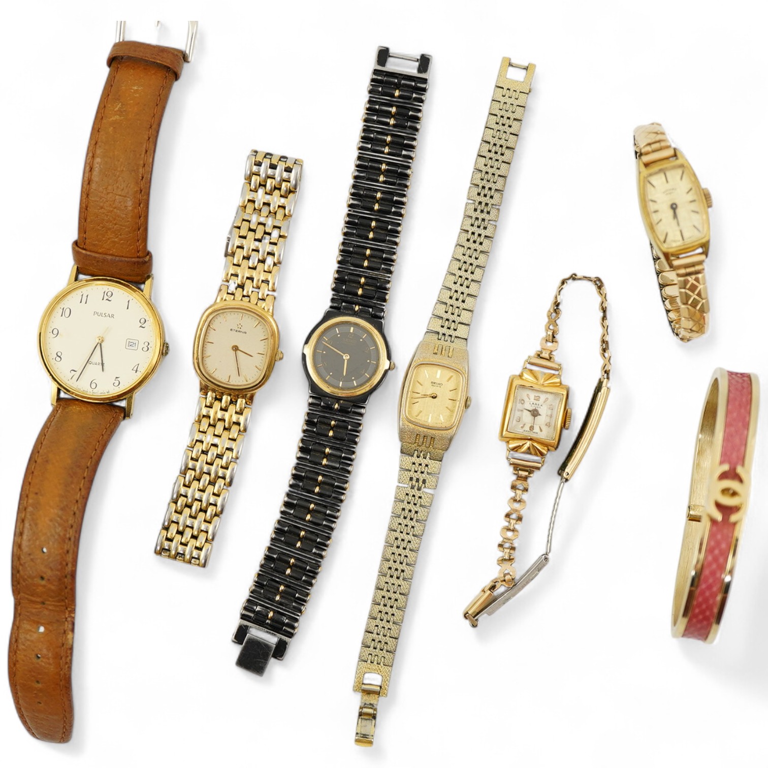 XX REMOVE ROLEX XX, A collection of watches and a bangle, comprising: two Seiko quartz watches; a manual winding watch by Larex; a quartz watch by Eterna; a quartz watch by Rotary; and a quartz watch by Pulsar; together